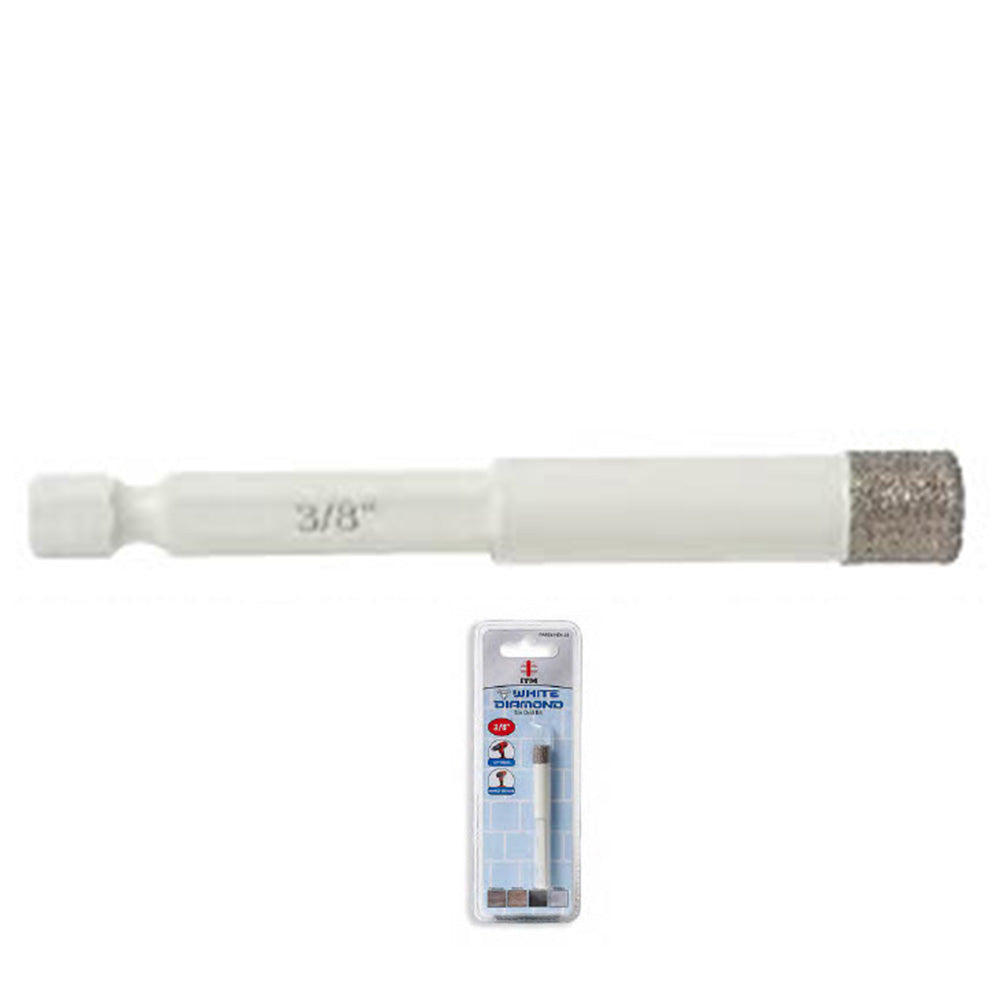 3/8” ITM White Diamond Tile Bit 1/4 in. Hex Impact Shank OAL 3 1/8 in. Drilling-1 1/4 in.