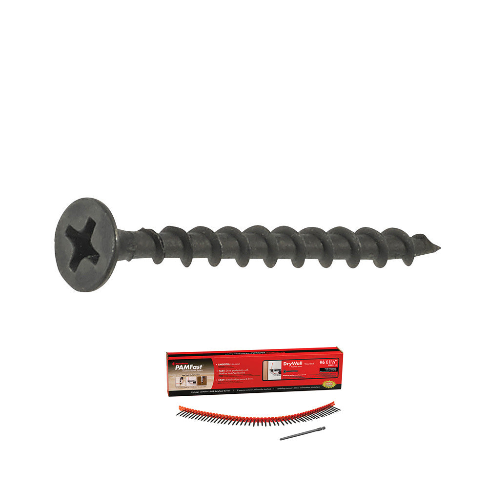 #6 x 1 5/8 - PAMFast #2 Phillips Drywall to Wood Stud Autofeed Screws Black Phosphate - Carton (1000)